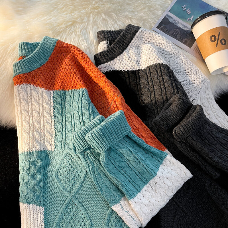 Suéter jacquard retrô masculino, gola redonda, solto, de costura, versátil, casual, cor, contraste, outono, inverno, 2024