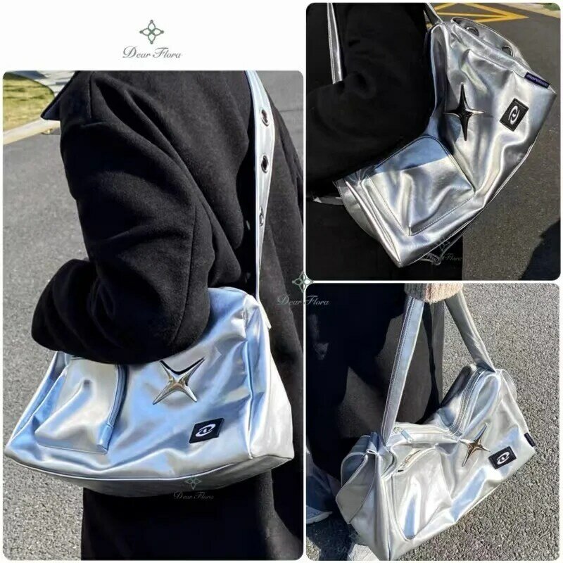 Y2k dziewczęca torba koreańska torebka Vintage na ramię estetyczna damska Crossbody podróżna torebka na co dzień moda damska srebrna duże torby