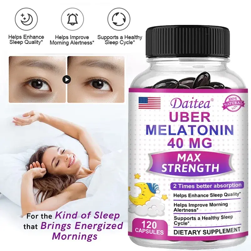 Natural Melatonina Sleep Aid, Ciclo do sono saudável, Sem efeitos colaterais, Sem OGM, 40mg, Promove a qualidade do sono