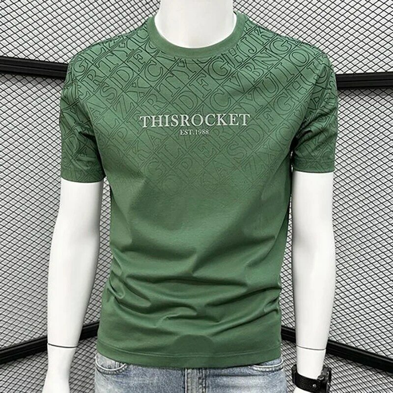 Fashion O-Neck Printed Casual Gradient Letter T-Shirts Men Clothing 2024 Summer New Loose Korean Tops All-match Tee Shirt