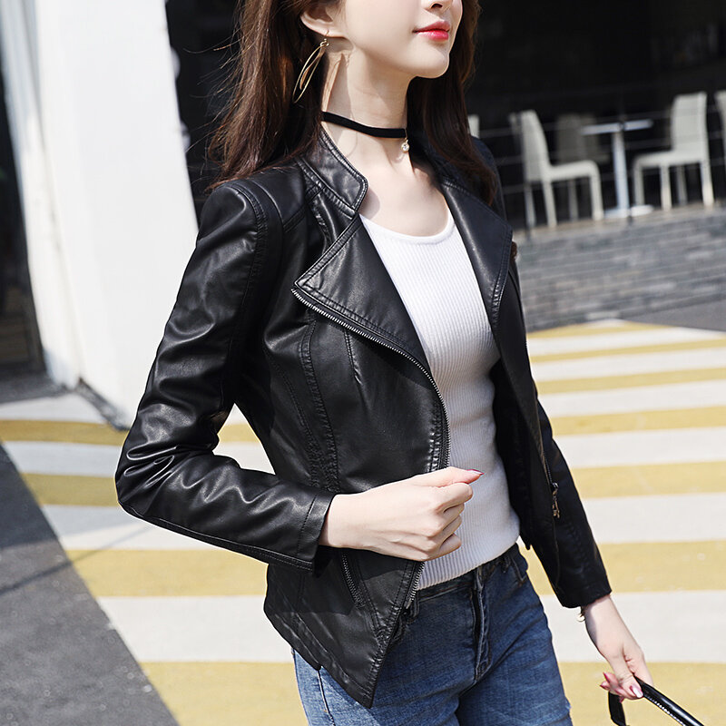 Новинка 2022, Женская куртка, модная черная кожаная мотоциклетная куртка, женское базовое пальто на молнии, байкерское кожаное пальто, женская модель 4XL