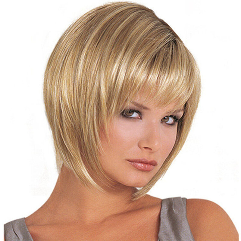 Wig baru Fashion rambut pendek cahaya pirang rambut sisi Split pendek lurus rambut serat kimia Wig penutup kepala untuk wanita gadis