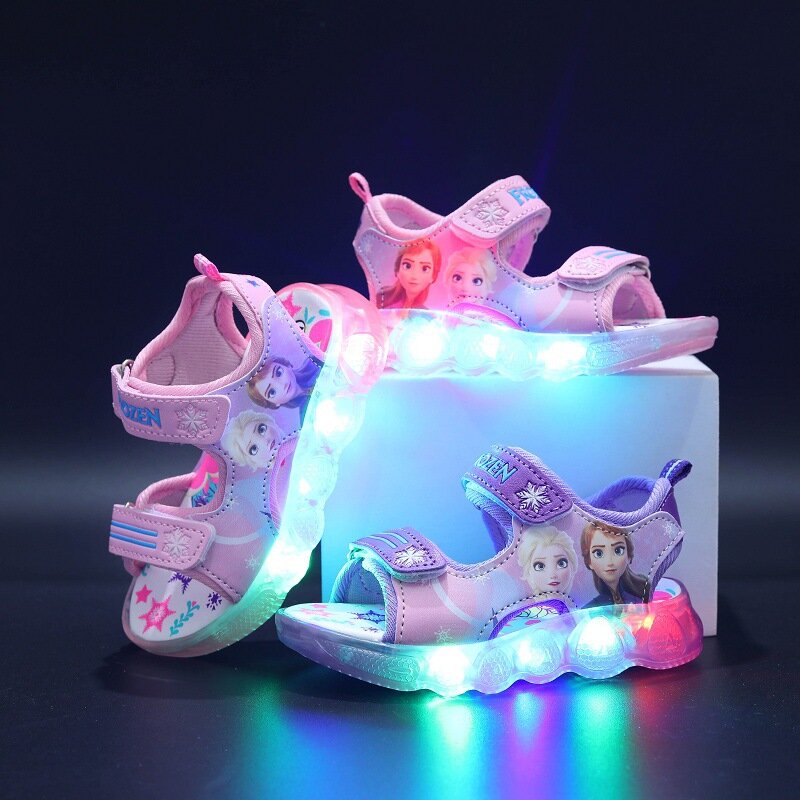 Sandálias esportivas luminosas iluminadas por Elsa princesa congelada para meninas da Disney, sapatos infantis antiderrapantes, verão, tamanho 21-3