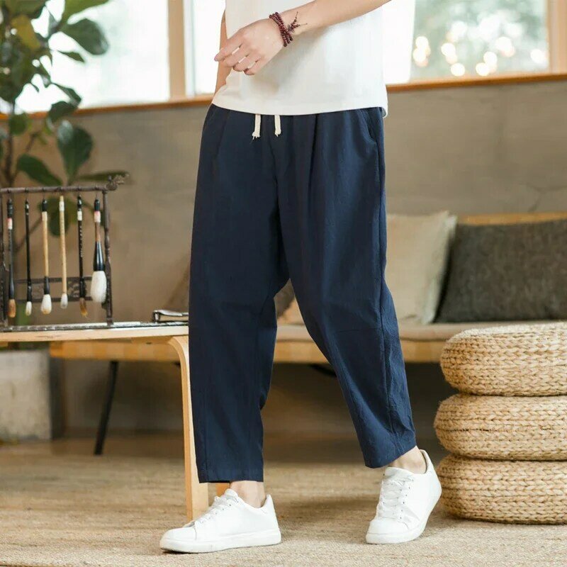 Celana panjang pria, musim panas katun Linen kasual warna Solid bernapas celana pendek longgar celana lurus Streetwear