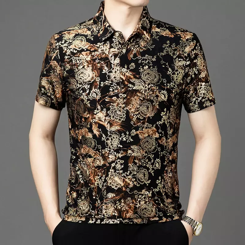 Summer Men's Short Sleeved Shirt, Ice Silk Printed Shirt, Trendy Fashion Casual Top