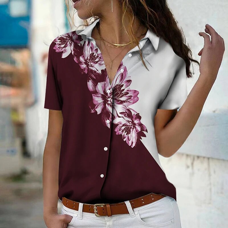 여성용 꽃무늬 꽃 셔츠, 3D 프린트 Y2k 스트리트웨어, 우아한 블랙 반팔 블라우스, 단추 상의, 오피스 레이디 칼라 셔츠, 2024