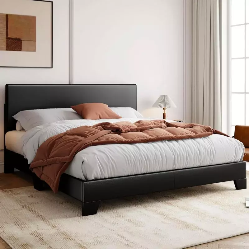 Allewie King Size Bed Frame with Adjustable Headboard, Faux Leather Platform Bed with Wood Slats, Heavy Duty Mattress Foundation