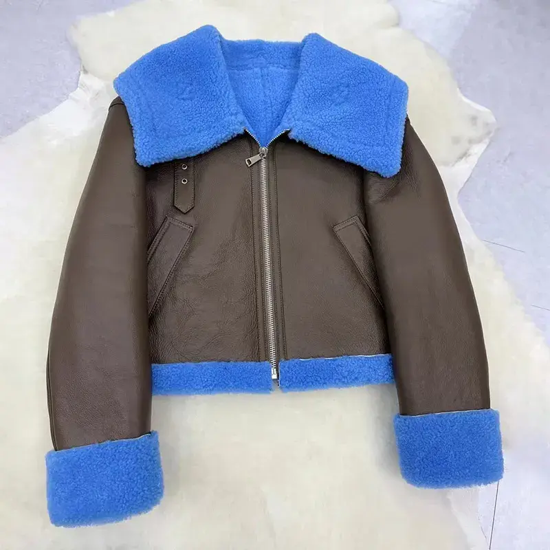 女性のための本物のスキンレザーコート,暖かいウールの裏地,ダブルフェイスのジャケット,zj6046