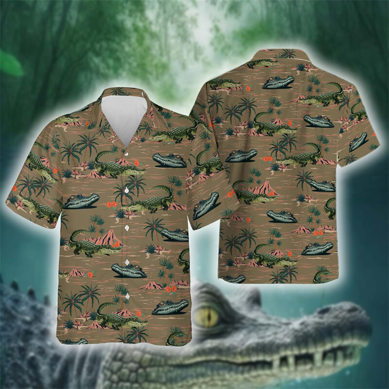 Пляжная рубашка с принтом аллигатора, повседневная Гавайская блузка в стиле хип-хоп с животными, на пуговицах, с коротким рукавом, одежда для мужчин, на лето