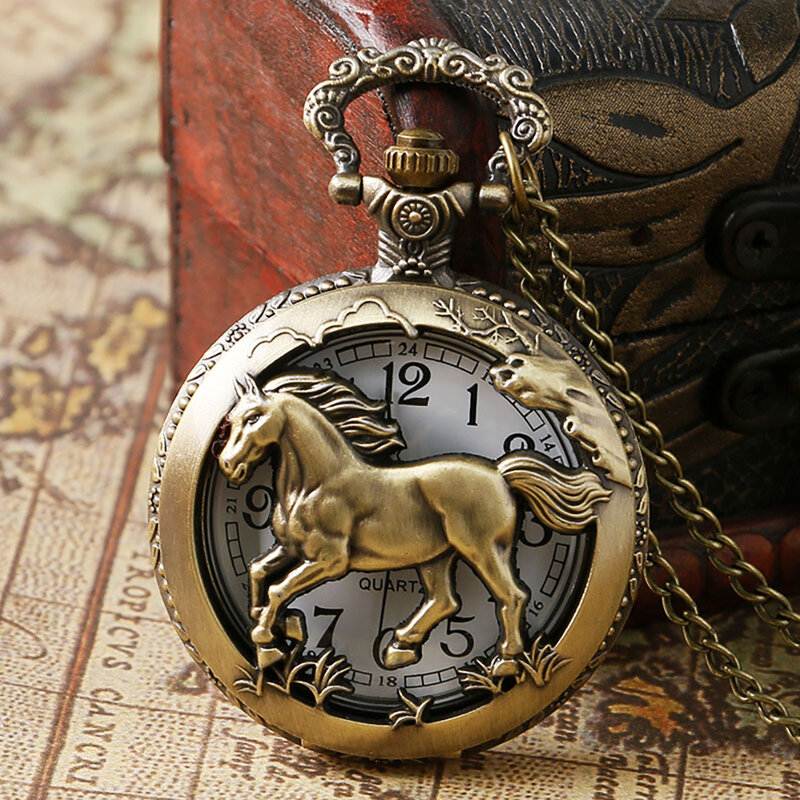 Vintage Running Horse Half Hunter Pocket Watch, Bronze Alloy Watch Case, Numerais arábicos, Quartz Pendant Clock, Presente Unisex