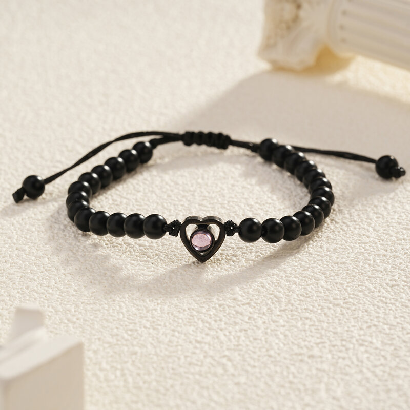 Braccialetto in pietra naturale da 6mm con braccialetto di proiezione fotografica personalizzato personalizzato regalo di gioielli con bracciale a cuore con perline naturali