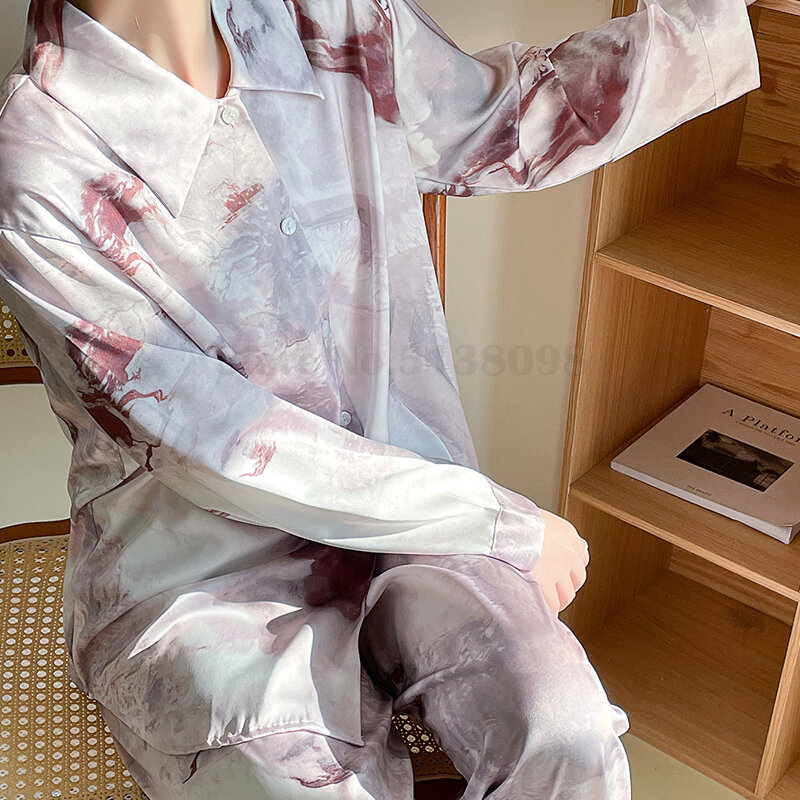 2024 Spring Summer Satin Sleepwear Long Sleeved Lapel Shirt Homewear Loose Casual Nightwear Female Sexy Print Pajamas Loungewear