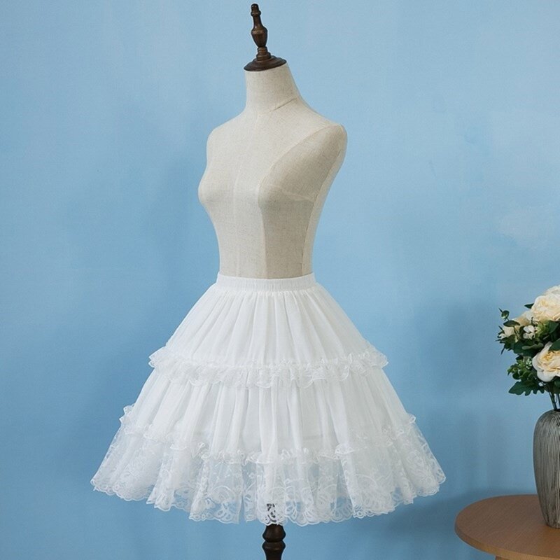 Damen-Petticoat mit elastischer Taille, 2 Reifen, Rüschen, Spitze, kurzer halber Slip-Unterrock