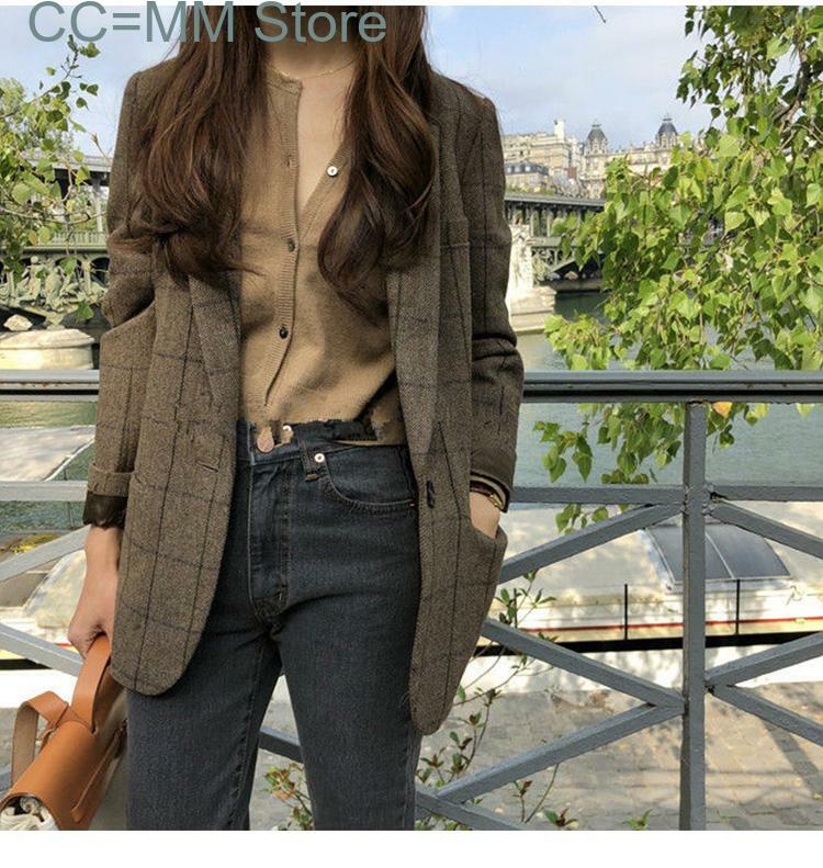 New Women Blazers and Jackets Fashion Plaid Blazer Korean Coat Women Winter Clothes Notched Single Breasted Outerwear
