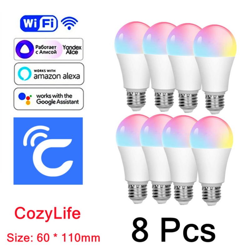 CozyLife-bombilla inteligente LED E27, 15W, WiFi, funciona con Alexa, Google Home, Yandex, Alice, 85-265V, RGBCW, regulable, 8 Uds.