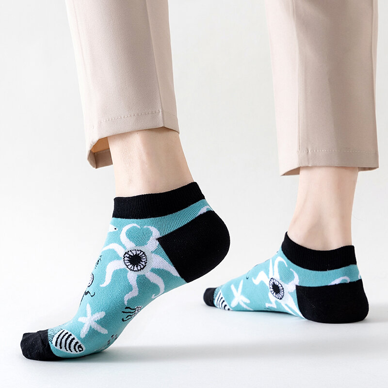 6 Pairs Unisex Novelty Colorful Short Socks Men Harajuku Cartoon Funny Marine Organisms Casual Boat Socks Trend Male Ankle Socks