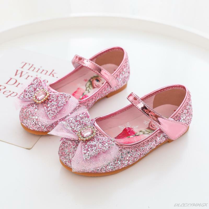 Disney-zapatos de fondo suave para bebé, zapatillas de princesa con dibujos animados de Elsa, de cristal congelado, zapatos planos de cuero para niña con flores