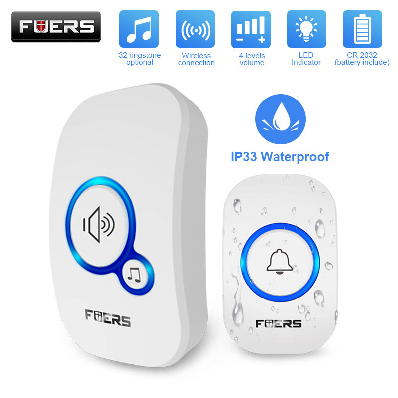 Fuers-ワイヤレスドアベルm557,防水,家庭用,スマート,32曲,バッテリー付きアラーム
