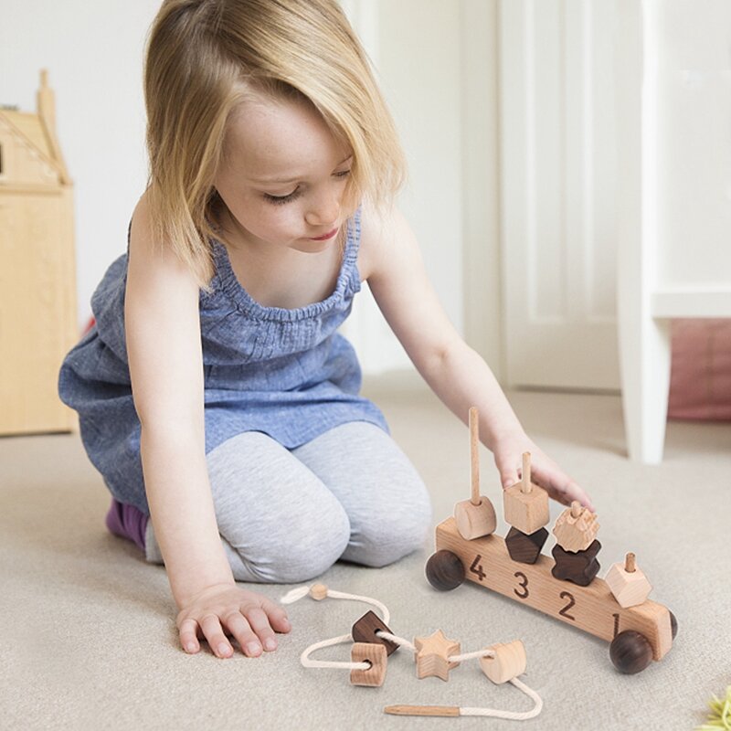 Blok Bangunan Kayu Mainan Interaktif Mobil untuk Anak-anak Threading Montessori Mainan untuk Anak-anak Nomor Pertandingan Puzzle Permainan Pendidikan