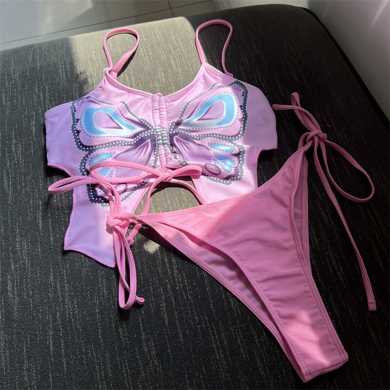 2 Piece Women's Bikini Swimsuit Top+Underwear Summer Butterfly Party Beach Holiday Hot Girl Streetwear Robes Lace Up
