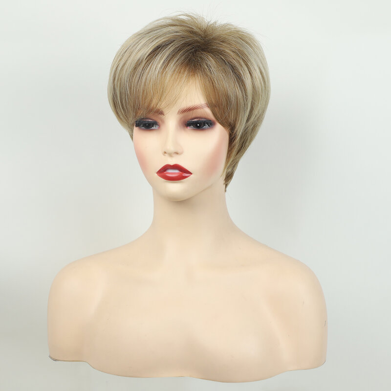 Womens Fashion Short Wigs with Bangs Blonde Ombre Synthetic Pixie Cut Hairstyle Mommy Mommy Daily Party Wigs for Lady