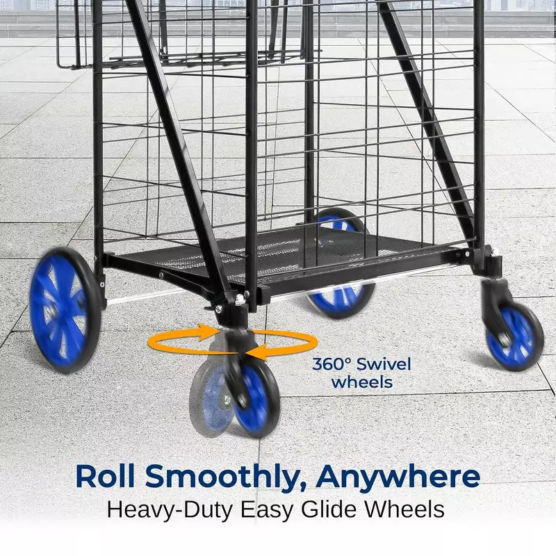Składany wózek użytkowy SereneLife, przenośny składany wózek na zakupy i pranie z odłączanym koszem, wytrzymały, łatwy do szybkowania