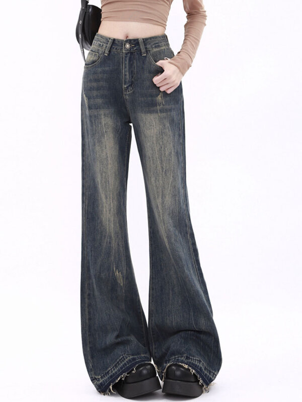 Синие модные женские джинсы-клеш в Корейском стиле с высокой талией, винтажные джинсовые брюки, облегающие пикантные элегантные женские брюки
