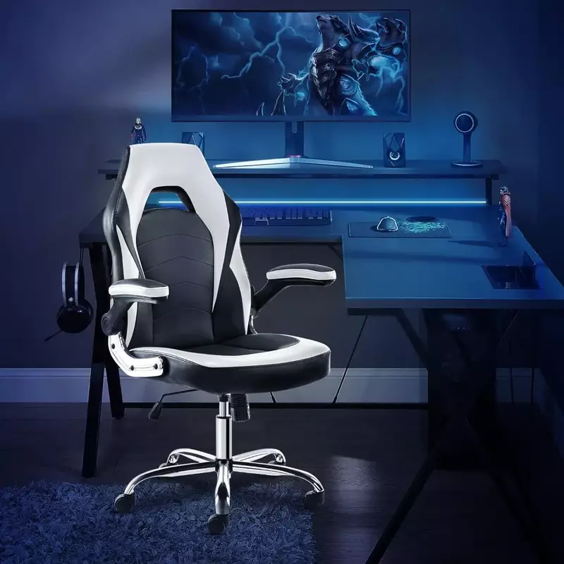 Sillas de ordenador para juegos, silla de escritorio ergonómica de oficina con reposabrazos, almohada para el cuello y ajuste Lumbar incorporado, blanco y negro