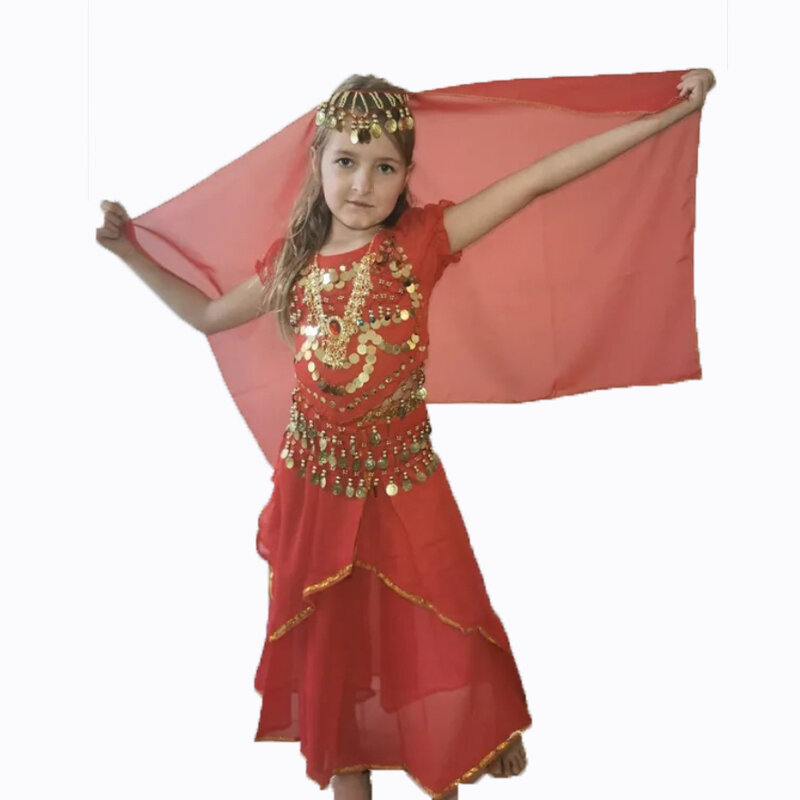 Disfraz de gasa de danza del vientre para niños, ropa de bailarina de danza Oriental, trajes de baile indio, nuevo estilo, 5 unids/set