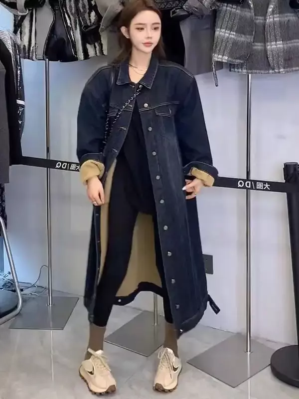 Casaco jeans de lã de cordeiro feminino, médio longo, espesso, quente, algodão, versão coreana, novo, inverno, 2023