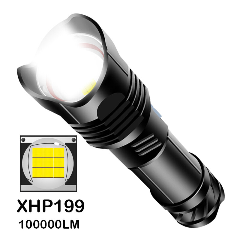 Linterna Led XHP199, batería externa recargable por USB, linterna de aluminio con zoom, resistente al agua, batería 26650, 1600LM