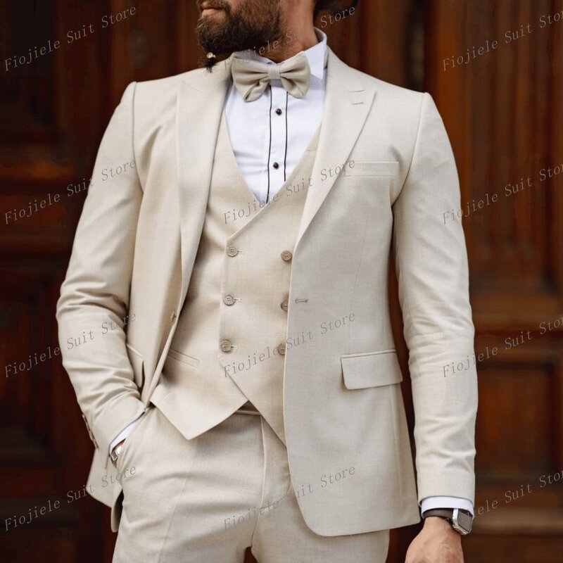 New Male Formal Occasion Tuxedos Beige Men Business Suit Groom Groomsman Wedding Party Prom 3 Piece Set Jacket Vest Pants