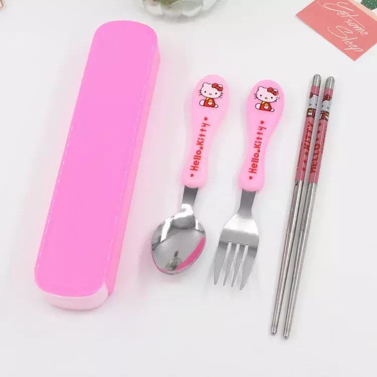 Sanrio Cartoon Anime Tableware Hello Kitty Kawaii Children's Tableware Metal Spoon Fork Chopsticks Set Portable Tableware Gift