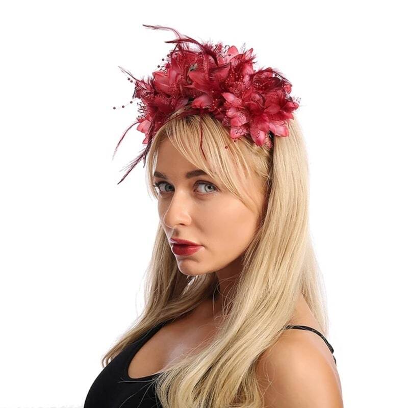 Bandeau à fleurs rouges pour femmes, accessoires de tête R7RF, bandeau de fête, cerceau à plumes de fleurs, décorations de cheveux de vacances