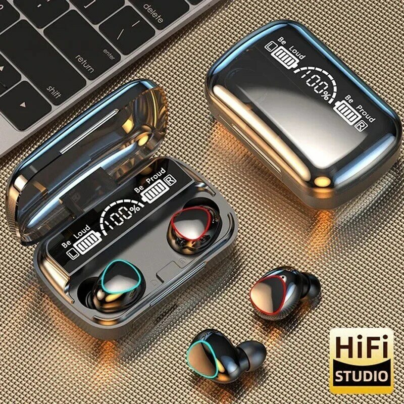 Earbud Bluetooth nirkabel, headphone HiFi dengan kompartemen pengisian daya dan daya tampilan LED, Headset di telinga earphone Gamer
