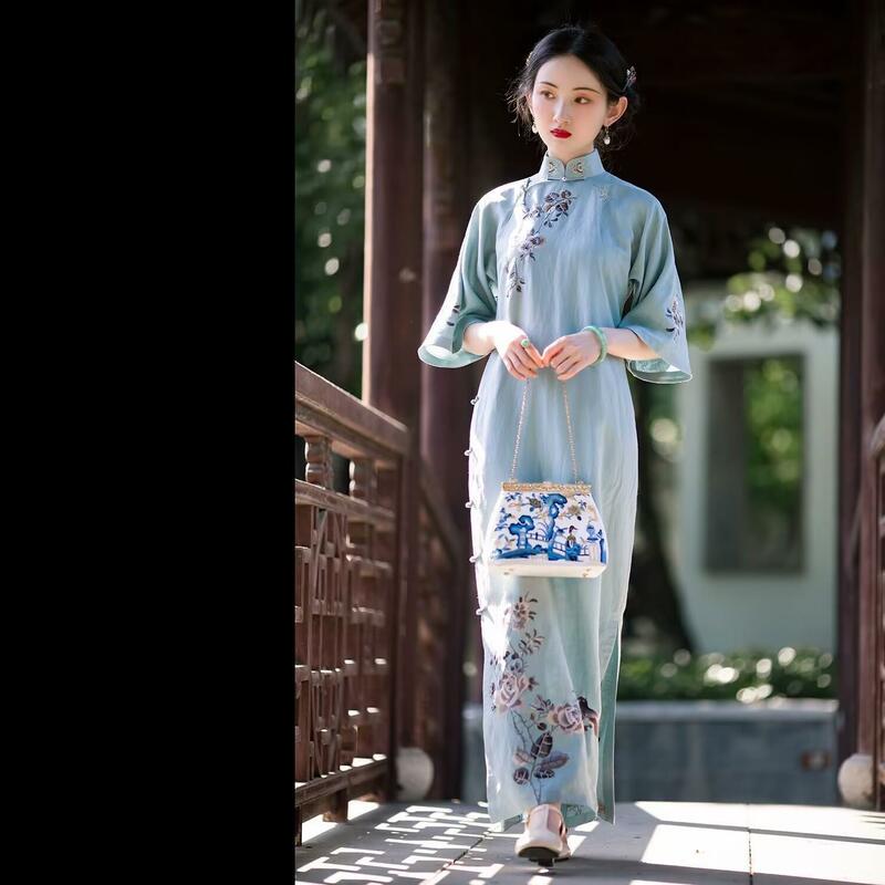 Orientalna haft w kwiaty Qipao elegancka chińska sukienka w stylu Qipao w stylu Vintage tradycyjna suknia w stylu Qipao elegancka sukienka na imprezę Qipao