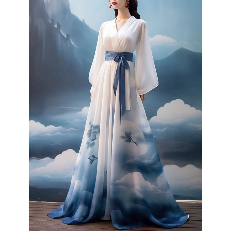 Gaun putri Hanfu awan tradisional elegan untuk wanita gaun Cosplay gaya Tiongkok Cosplay tari panggung jubah