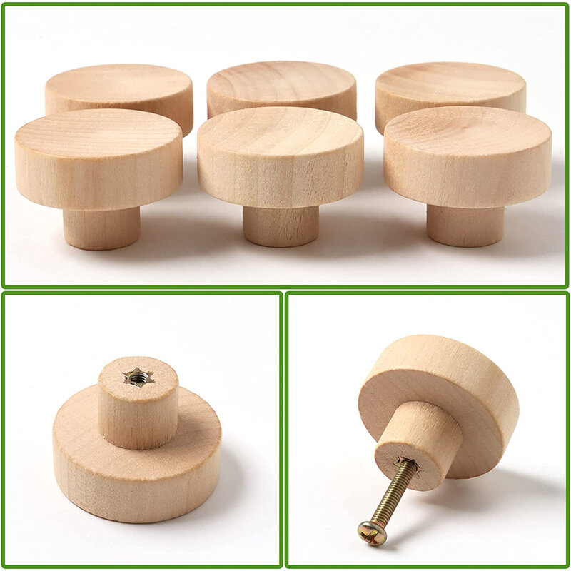 Round Wooden Cabinet Knobs Unfinished Wood cupboard Furniture Drawer Pulls Handles with Screws for Wardrobe Dresser Closet