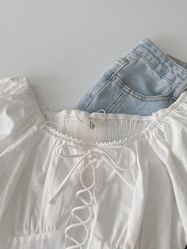 Tops de algodón de estilo francés para mujer, de Color sólido abombada Blusa de manga, camisa de vendaje con cuello cuadrado, novedad de verano 2023