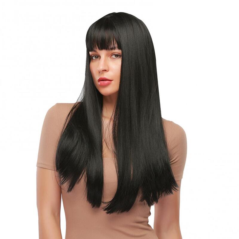 Long Natural straight Wig with Fluffy Bangs , Heat Resistant Layered Synthetic Wigs for Women And Girl Daily And Party Use