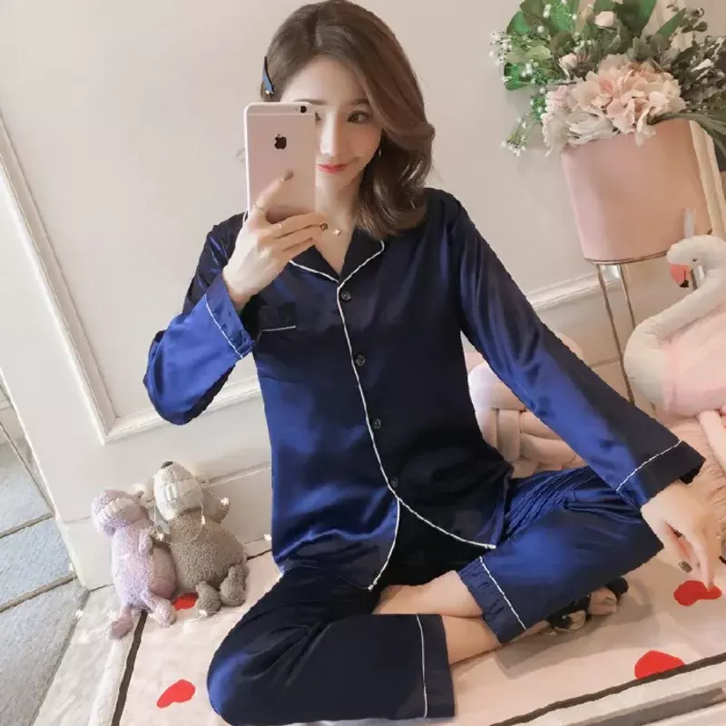 Conjuntos de pijama de seda manga longa feminino, cardigã feminino, seda gelo, pijamas de casa, sexy, 2023