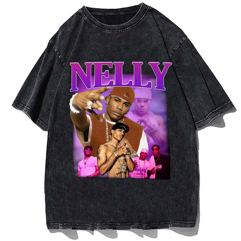 Nelly raper koszula Retro Hip Hop z bawełny w stylu Vintage T-shirt w za dużym rozmiarze moda letnia casualowa męska koszule z krótkimi rękawami Streetwear