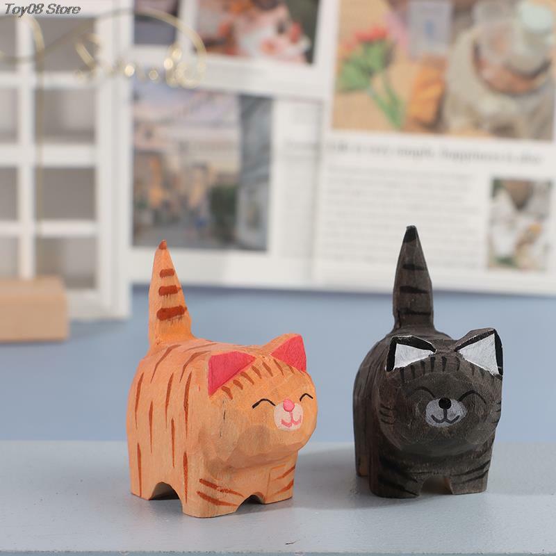 귀여운 만화 작은 동물 책상 장식 공예, 혁신적이고 실용적인 수제 나무 조각 고양이 장식, 1PC