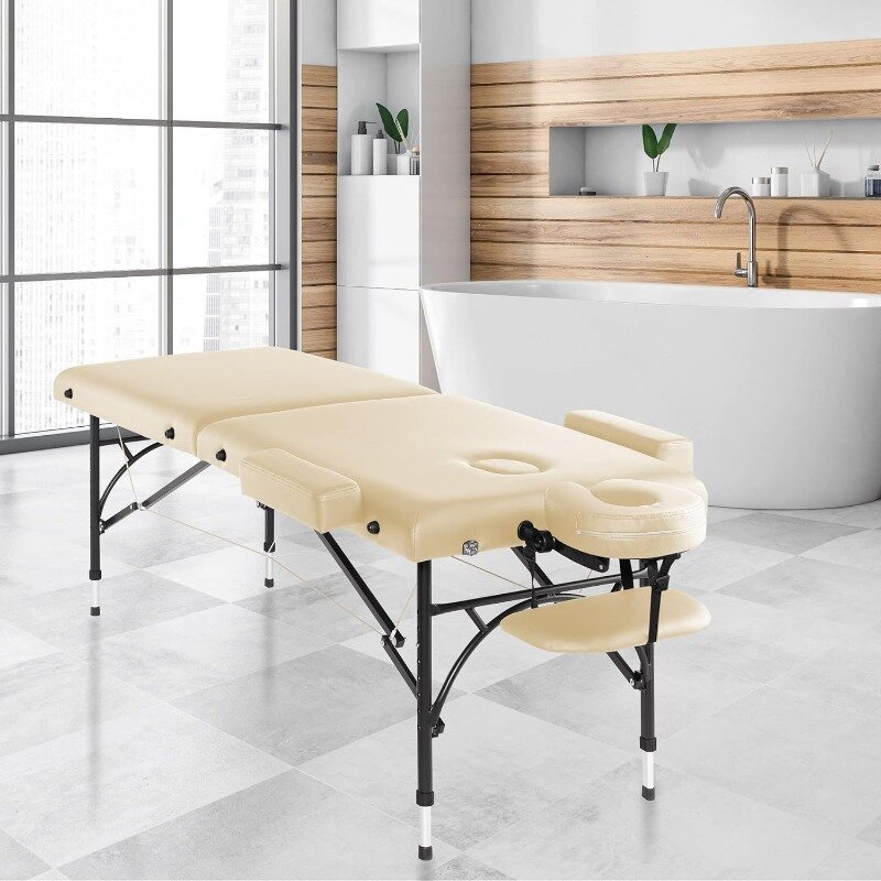 Portable Lightweight Bi-Fold Massage Table with Aluminum Legs - Includes Headrest, Face Cradle, Armrests and Carrying Case Blue