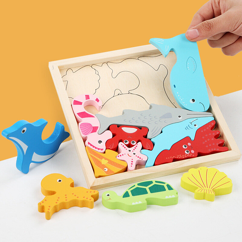 Heiße neue 3D-Puzzle Holz spielzeug Baby lernen pädagogische Hand Griff brett Cartoon Tier Obst und Gemüse Puzzle Spielzeug Geschenke