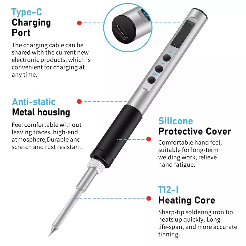 전기 납땜 인두 OLED 디스플레이 용접 펜, 빠른 용융 주석 용접 도구, 휴대용 온도 조절, PTS100, T12, 65W