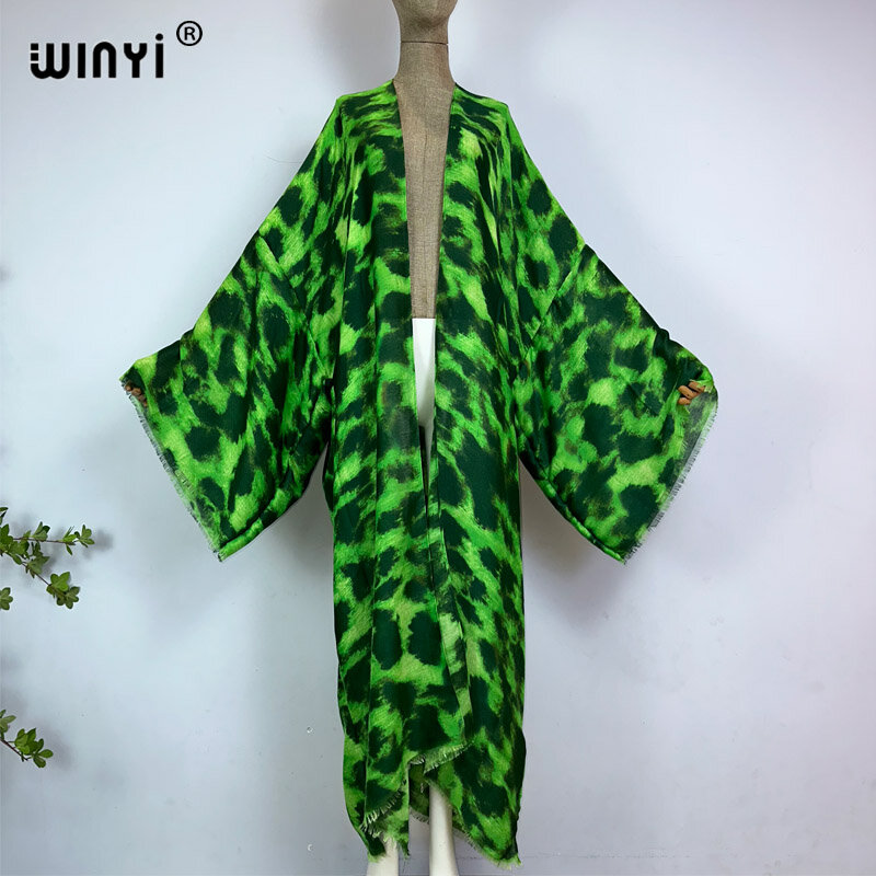 WINYI-Vestido de quimono com estampa leopardo, Encobrimento do biquíni, Cardigã elegante, Maxi Sexy Holiday, Maiô de praia, Vestido de verão