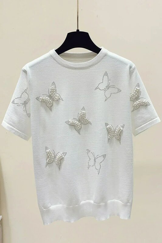 2024 New Summer Butterfly Nail Bead Short Sleeve Knit Sweater Korean Fashion Thin Casual Jumper Women Knitwear