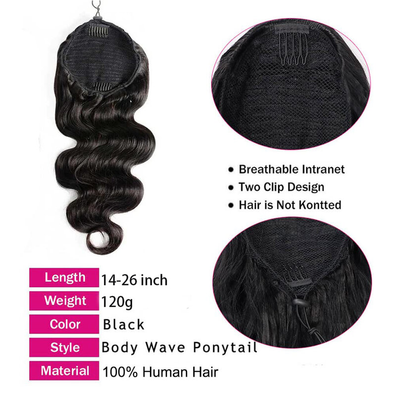 ポニーテールのナチュラルヘアエクステンション,クリップ付きの人間の髪の毛のコード