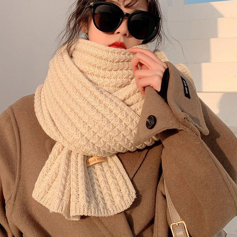 Women Knitted Scarf Winter Striped Elastic Scarves Solid Thickened Thermal Shawls Knitted Long Scarf Outdoor Windproof Scarf